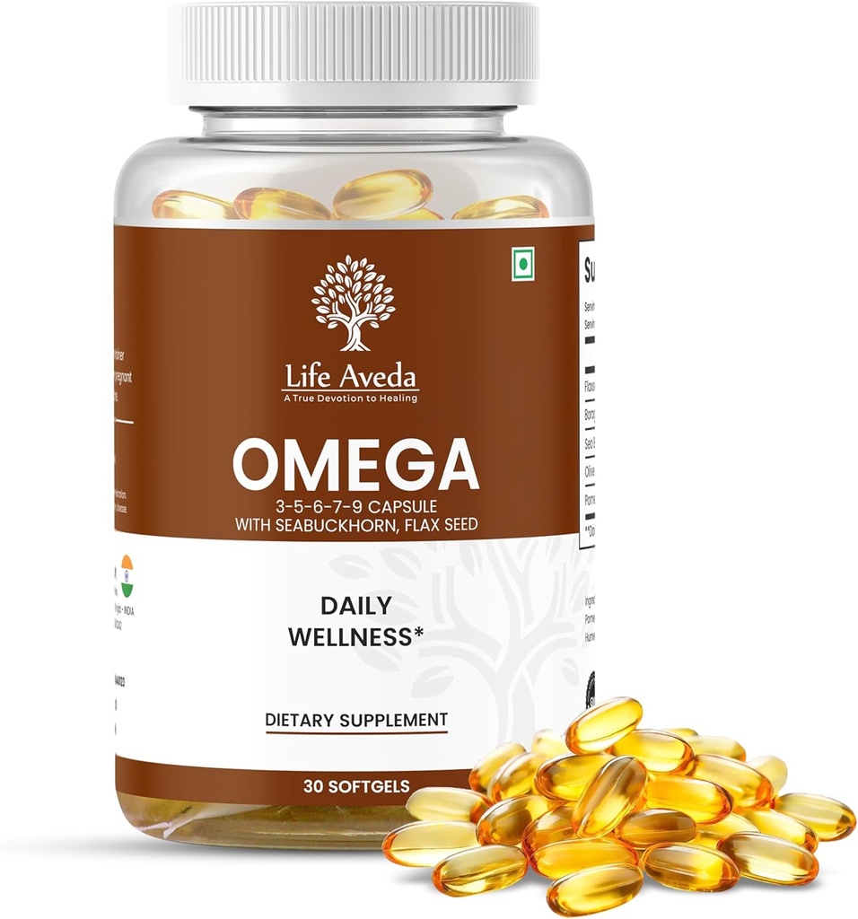 Life Aveda Omega 3-5-6-7-9 Capsules para Hombres con semillas de Seabuckhorn y Flax, apoya el corazón, el pelo, la piel y la nutrición natural- 30 cápsulas de Softgel (1 mes de suministro)