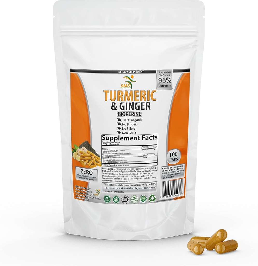 Turmeric Curcumin with Ginger, BioPerine Black Pepper, 95% Curcuminoids, 95% Standardized Curcuminoids & Bioperine for Potency & Absorption, Tumeric Supplement, Made in USA - 100 Veggie Capsules