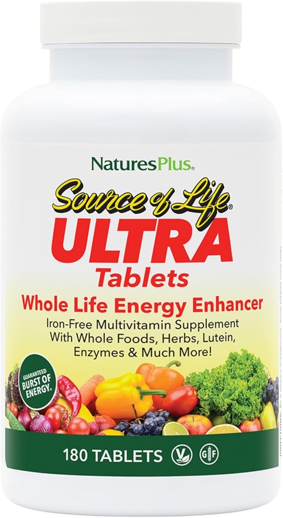 NaturesPlus Ultra Source of Life No-Iron Multivitamin - 180 Tablets - Supports Immune Health, Energy & General Well-Being - with Lutein &amp; Vitamin D3 - Vegetarian &amp; Gluten Free - 60 Servings