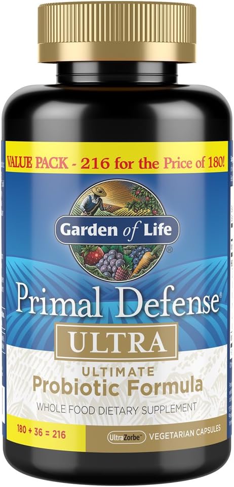 Jardim da Vida Probióticos para Saúde Digestiva e Equilíbrio de Saúde Gut, Defesa Primal Fórmula Ultra Ultimate, 15 bilhões de UFC e 13 Strains Plus HSOs, Vegetarian and Gluten Free, 216 Cápsulas