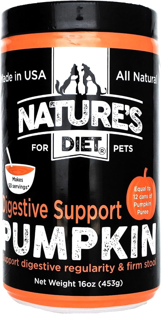 Nature's Diet Pet Dried Pumpkin Powder Digestive Support Natural Fiber for Firm Stool, Regularity (16 oz = 53 servizos)