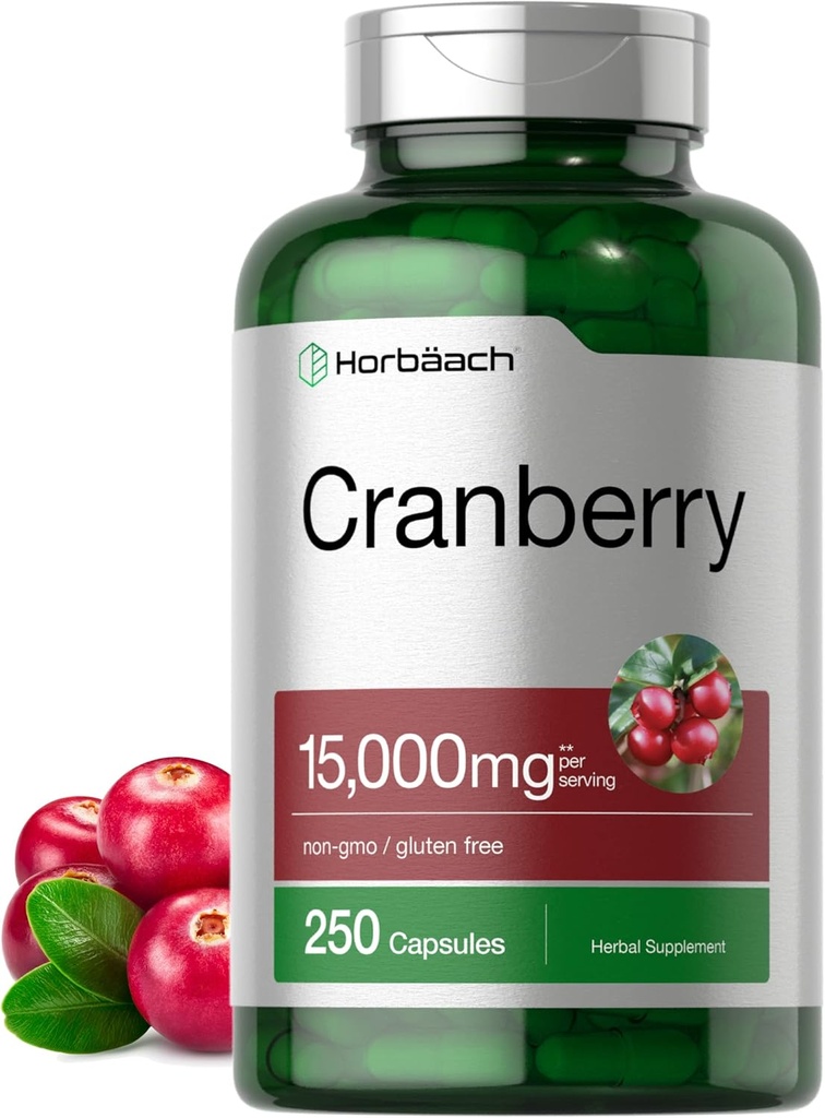 Horbäach Cranberry Pills + Vitamina C TENIDO 15,000mg ANTE 250 cápsulas ANTE No GMO y Gluten Suplemento gratuito del Extracto Concentrado