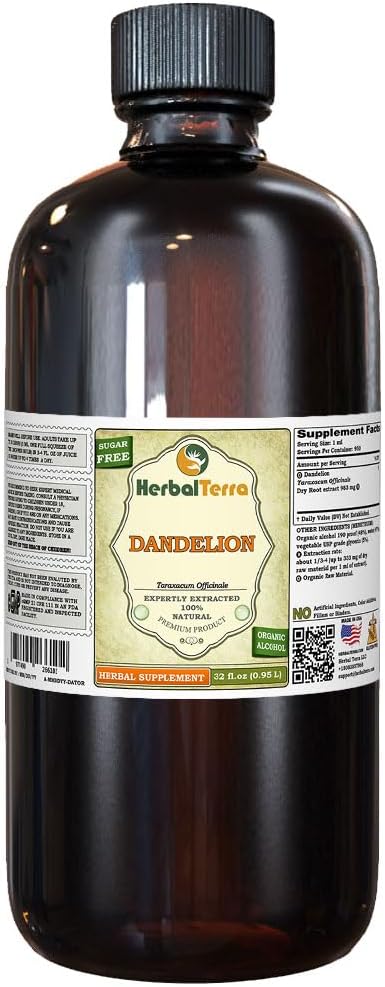Dandelion (Taraxacum officinale) Tincture, Extract lichid de rădăcini uscate organice (Brand Name: HerbalTerra, Proudly Made in USA) 32 fl.oz (0,95 l)