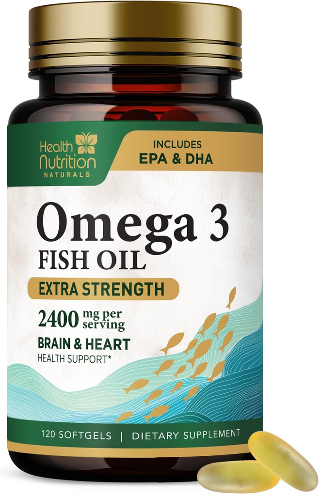 Omega 3 Fish Oil Supplements - 2400mg Fish Oil Per Serving - Triple Strength Omega-3 with EPA & DHA Fatty Acids - Natural Heart, Brain & Immune Support - Wild Caught, Bottled in USA - 120 Softgels