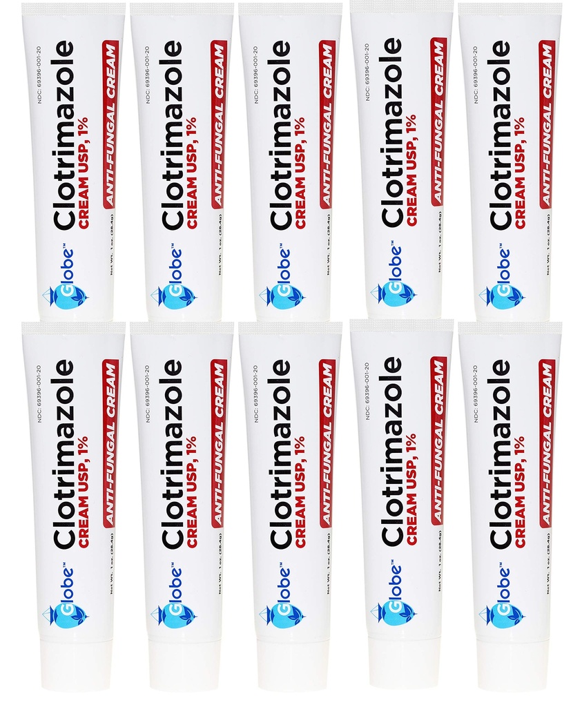 Globe Clotrimazole Antifungal Cream 1% USP, 1 oz (10 Pack), Anti Fungal Treatment, Relieves Itching, Burning, Cracking and Scaling Associated Athletes Foot, Jock Itch, Ringworm and More