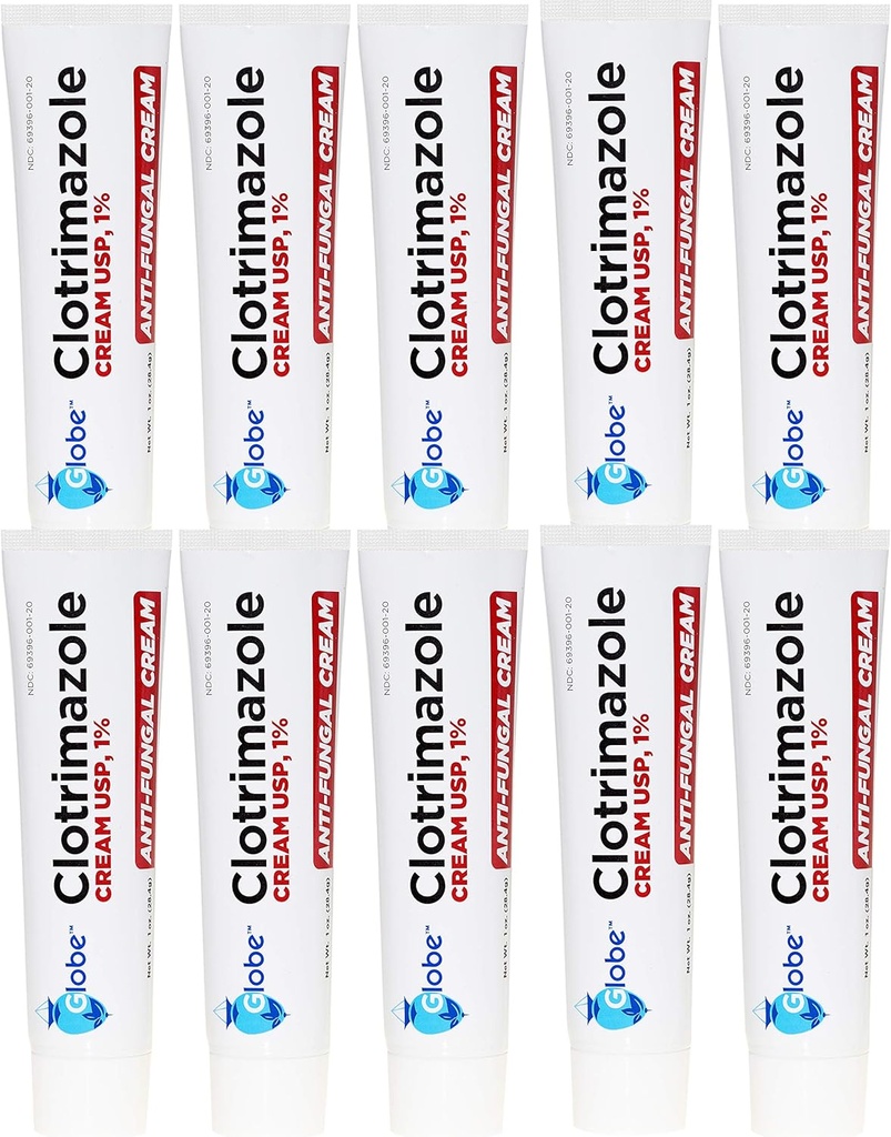 Globe Clotrimazole Antifungal Cream 1% USP, 1 oz (10 Pack), Anti Fungal Treatment, Relieves Itching, Burning, Cracking e Scaling Associated Athlete Foot, Jock Itch, Ringworm e More