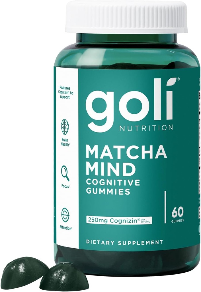 Goli Matcha Mind Gummies - 60 Conde - Green Tea Leaves Powder with Cognizin for Focus, Atención y Salud Cerebro, Vegan, Non-GMO, Gluten-Free & Gelatin Free.