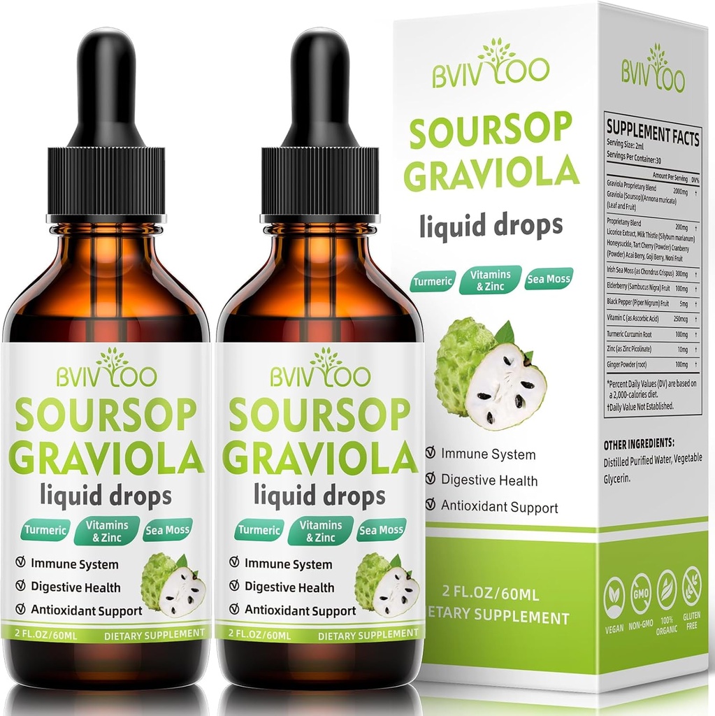 2 Pack Soursop Graviola Liquid Drops - 2000mg Pure Soursop Extract Blended med 300mg Sea Moss & 100mg Elderberry - Kraftfull Cell Support, Antioxidant-Rich, Immune-Boosting - 4 Fl Oz (120ml) flaska