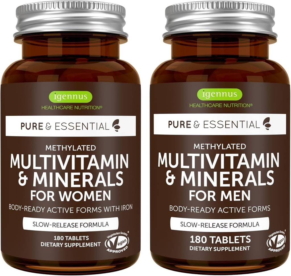 Multivitamine pentru femei metilate + Multivitamine pentru bărbaţi Bundle, Suplimentul MTHFR cu Active B-Vitamins, Eticheta curată & Vegan, 180 comprimate, de Igennus
