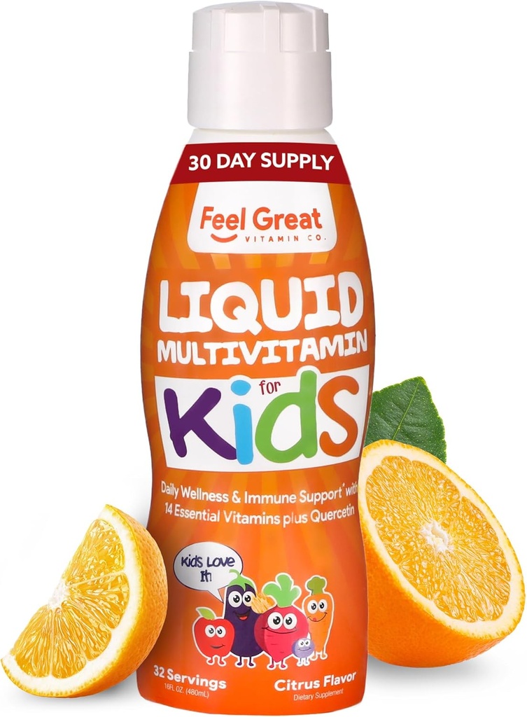 Feel Great Sweet Free Kids Multivitamin – Liquid Multivitamin – 液态多维敏 – 免疫支持必需维生素 – 橙色火焰,蔬菜配方 – 30日供应