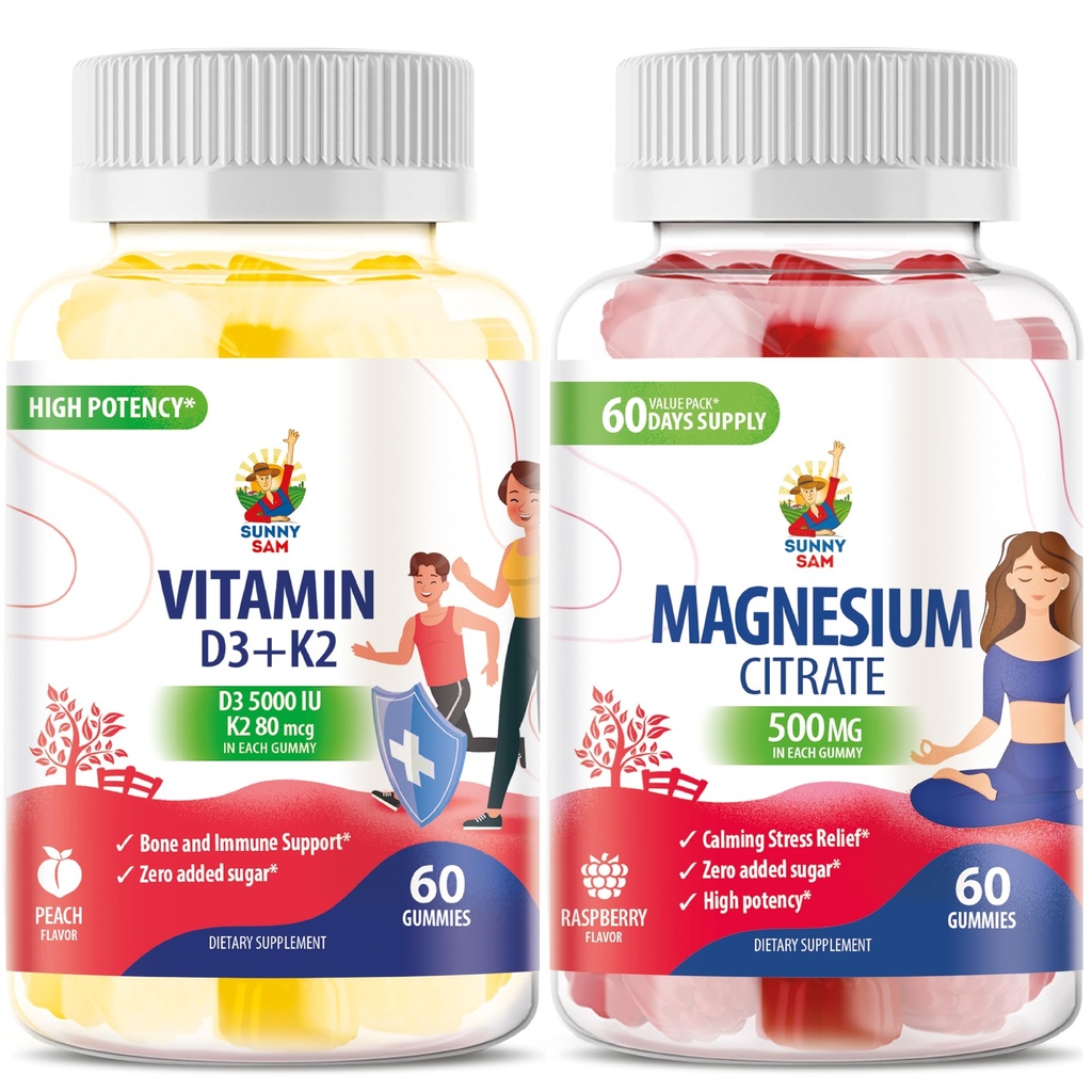 Vitamin D3 K2 Gummies 5000 IU - Immune & Bone Suppor & Magnesium Gummies for Kids & Adults - 500mg