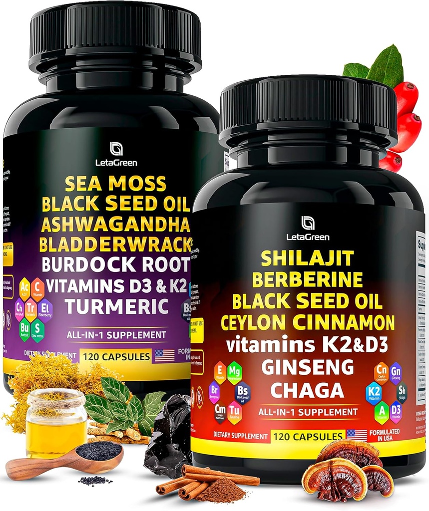 아일랜드어 Sea Moss and Himalayan Shilajit Capsules - 120 Wildcrafted Sea Moss Pills with Black Seed Oil, Burdock Root & Bladderwrack Powder - 120 Fulvic Acid 순수 Shilajit 캡슐
