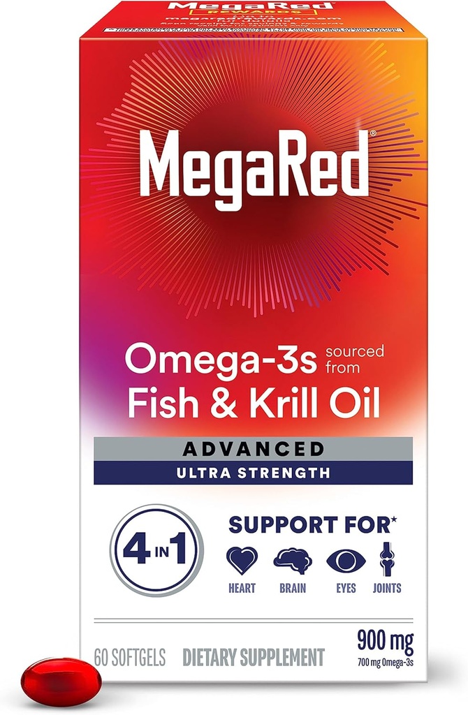 Megared โอเมก้า 3-3 Fish & Krill Mil Supplement 900 mg - MegaRed ขั้นสูง 4.1, 60 Softgles, 2x More โอเมก้า-3, Heart, Part, Commart and Eye Supplement, Red, 60 Count.