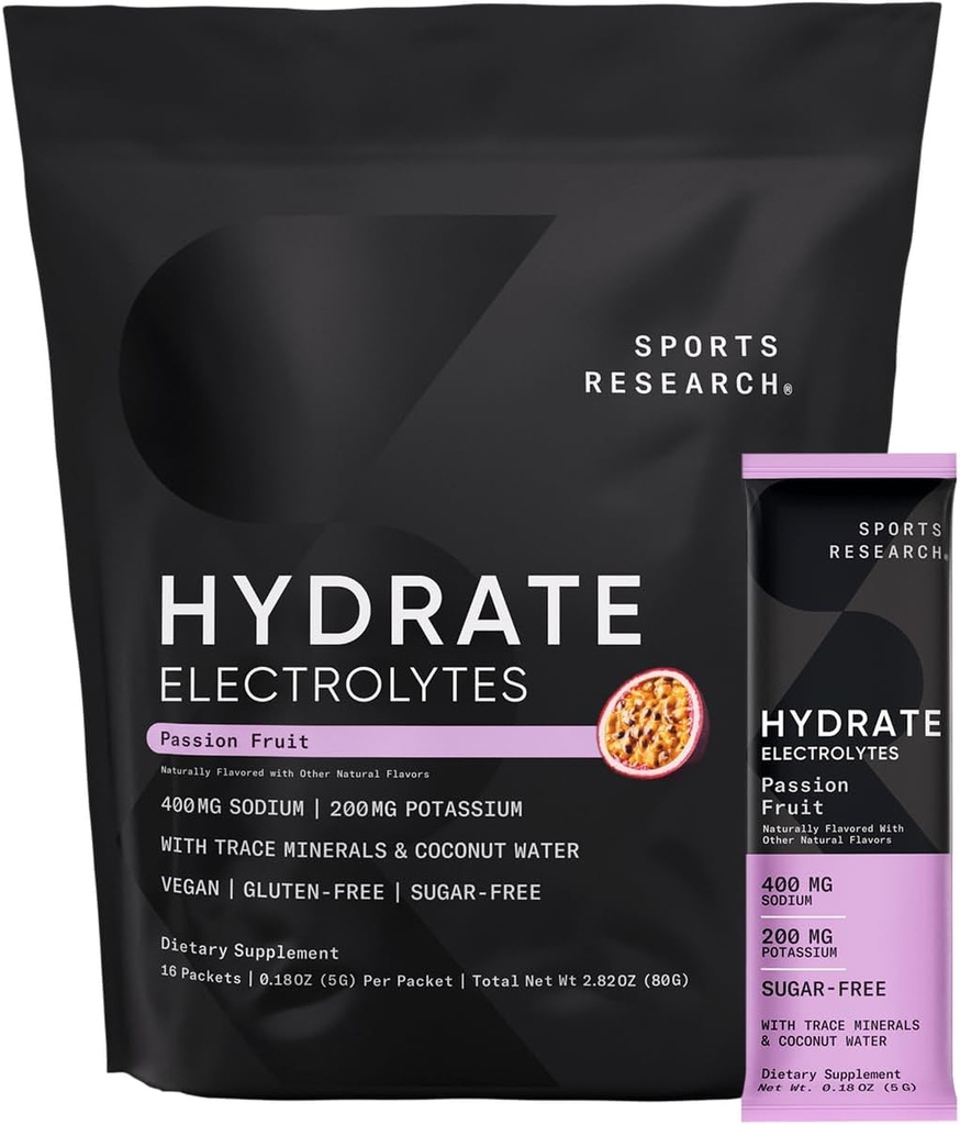 Sport Research ® Hydrate Electrolites Powder Packets - Sugar- Free & Natural Favored with Vitamins, Minerals, and Coconut Water - Supports Hydration - 16 Packets - Passion Fruit