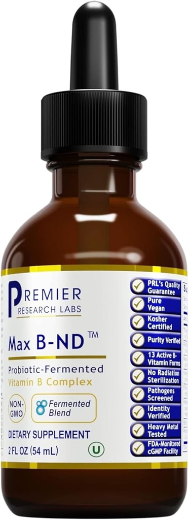 Premier Research Labs Max B-ND Tekutý vitamín - B-komplex pre zdravie pečene a mozgu - Sublingválne kvapky pre energiu, Immune & Adrenal Support - 2 fl oz - Thiamin, B12, B6 a viac - pre mužov, ženy