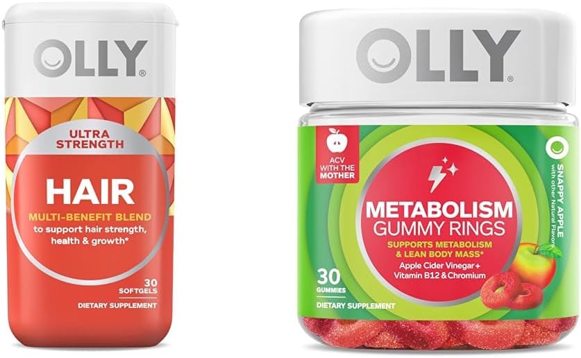 OLLY Ultra Strength Hair Softgels, apoya la salud del cabello, biotina, queratina & Metabolismo anillos de goma, vinagre de manzana, vitamina B12, cromo