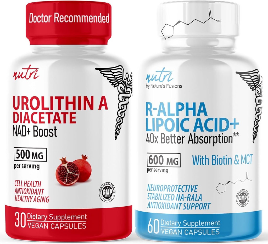 Nature's Fusions Urolithin A Diacetate 500 mg & R Alpha Lipoic Acid 600 mg (60 Capsules) - Antioksi/Energy Sche