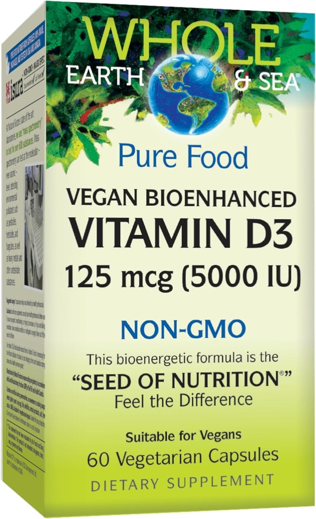 Fattori naturali Tutta la Terra & Sea Vitamina D3 125mcg (5.000 UI), Vegan Bioenhanced, 60 capsule vegetariane