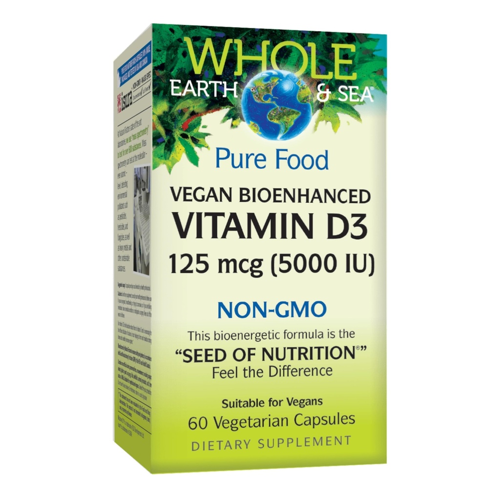 Natural Factors Whole Earth & Sea Vitamin D3 - Dietary Supplement Supports Strong Bones & Joints - Aids Calcium Absorption - Vegan & Non-GMO - 60 Vegetarian Capsules (60 Servings)