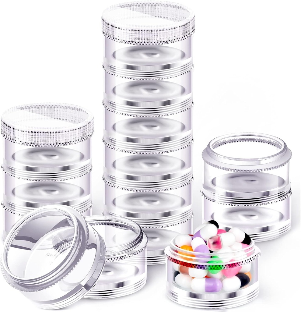 Sieral 2 Pack 7 Day Stackable Pill Organizers Round Pill Organizer Case Stackable Weekly Supports Vitamin Individual Container Box Hoder Dispenser dengan Lids for Travel Medicine, Clear