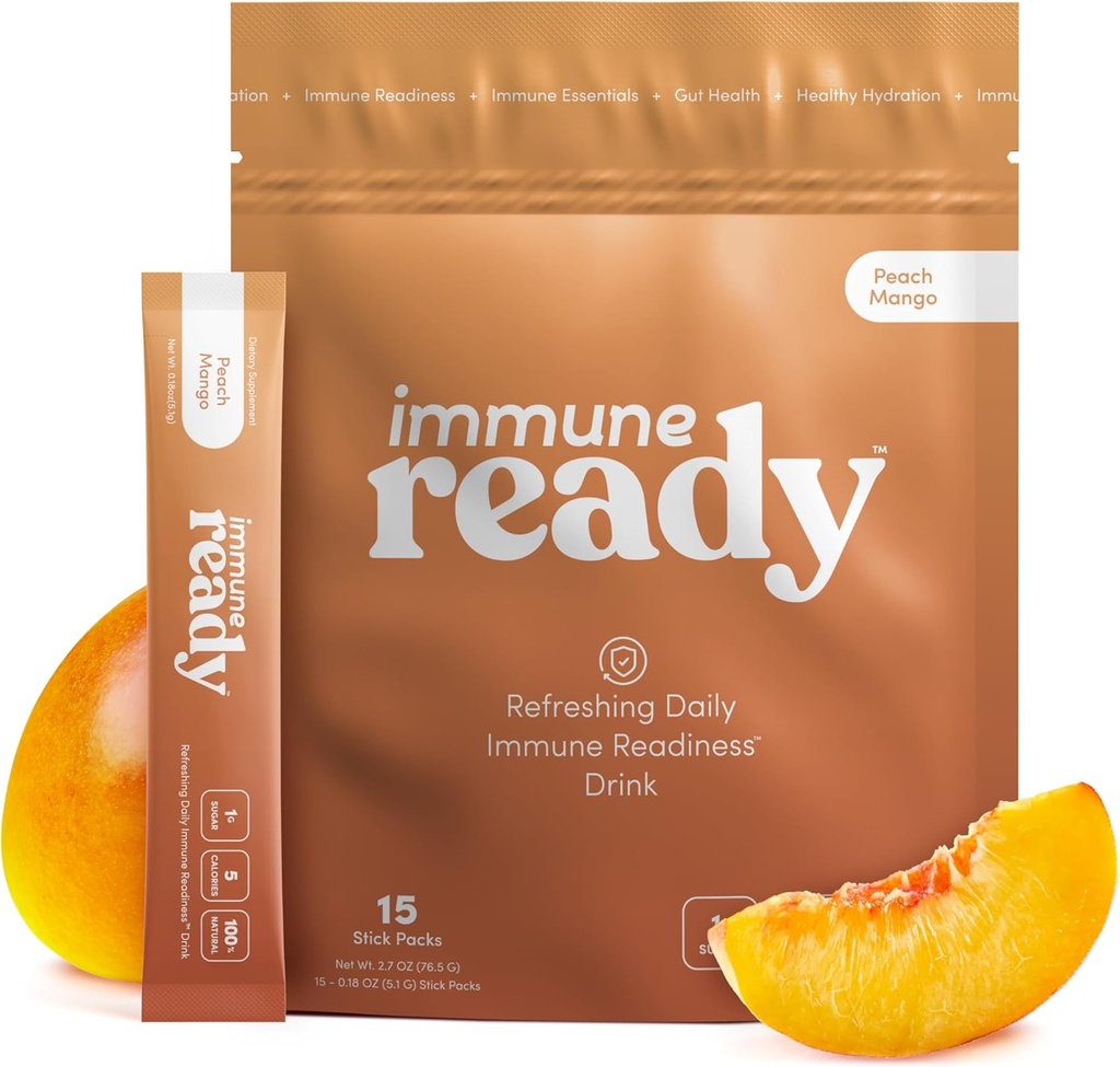 Immun ReadyTM Electrolytes Powder Packets - Immunity Boost Drink Bland med vitamin C, sink Picolinat, Inulin pulver & Beta Glucan - sukkerfri fersken-mango, 15 serveringer