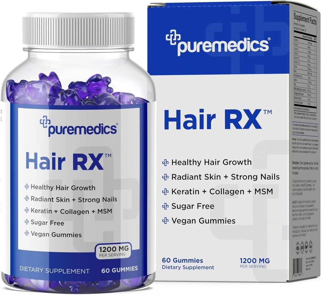 HairRX Biotin 6000mcg Vegan Gummies para cabelos fermosos e unhas - coláxeno, ácido panthonténico, iodo, bambú, aceite de coco, zinc, MSM para mulleres e homes (1 mes de subministración)