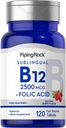 Piping Rock Vitamin B12 Sublingual | 2500 mcg | 120 tabletter | med folsyra | Tillägg för kvinnor och män | Berry Flavor | Vegetarian, icke-GMO, Gluten Free