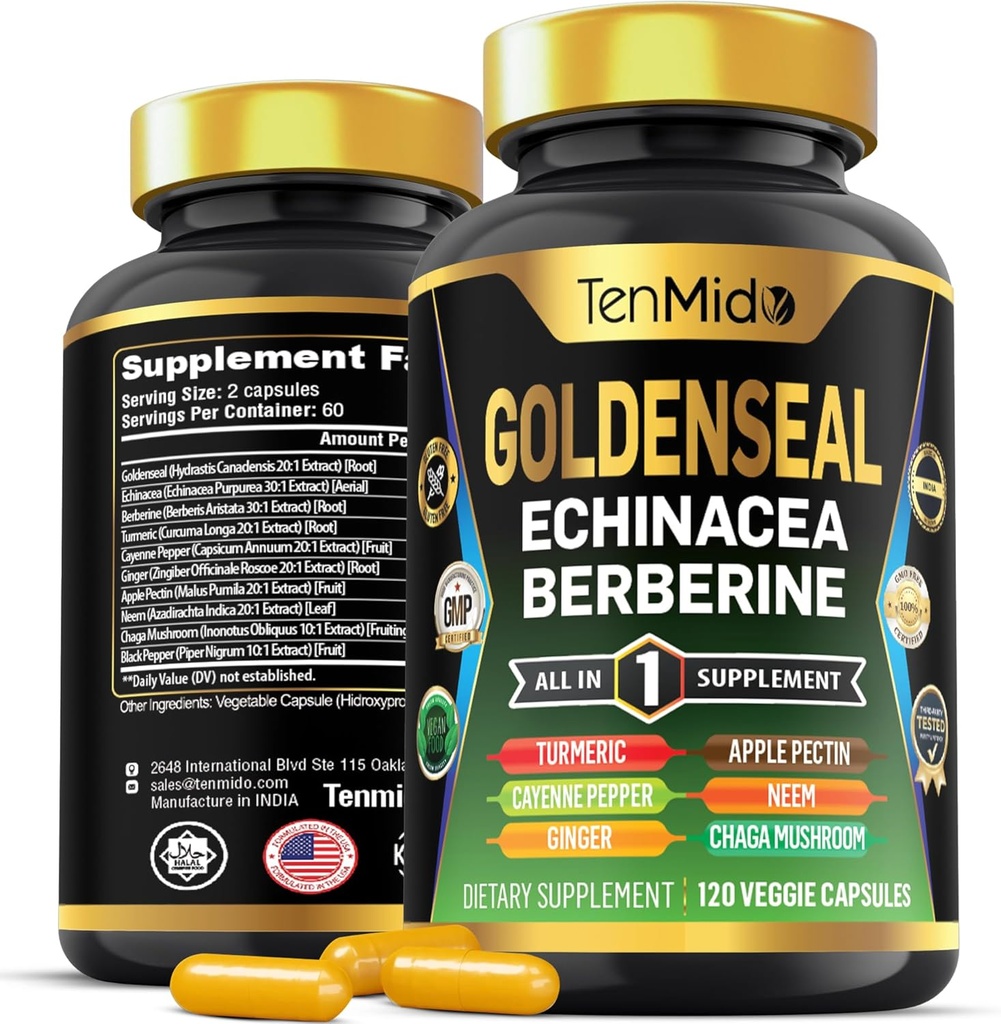 Goldenseal Šakniavaisių papildas - 10in1 Formulė - Sujungti su Echinacea, Berberine, Turmeric, Cayenne Pepper, imbieras, Apple Pectin, Neem, & Daugiau - Digistive Health Support - 120 Capsules