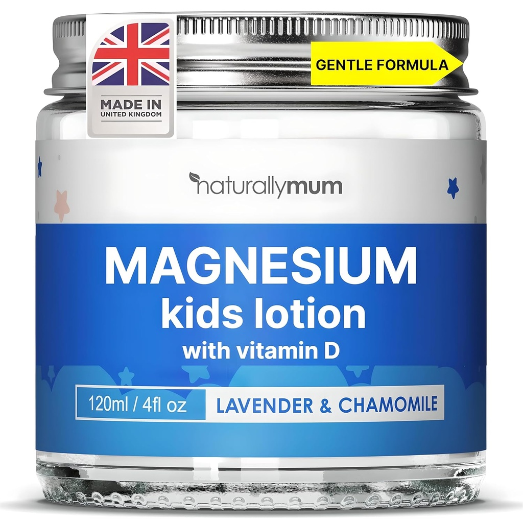 NaturallyMum Kids Magnesium Bedtime Lotion with Vitamin D | Sleep, Heart, Bone, Nerve, Gut 및 Muscle Health 지원 | 멜라토닌 대체품 | 라벤더 & 차모마일 4.2 fl oz