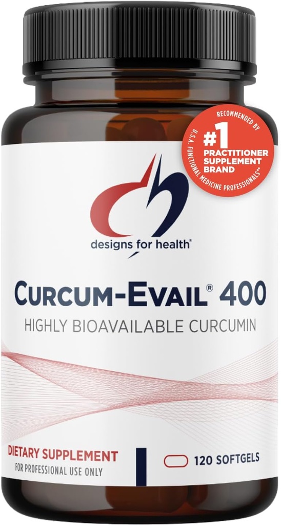 Designs for Health Curcum-Evail 400 - Bioavailable Turmeric Curcumin supplements - Evail Emulsification Technology - Curcumin C3 Complex with Turmeric Oil + Vitamin E, Non-GMO (120 Softgels)
