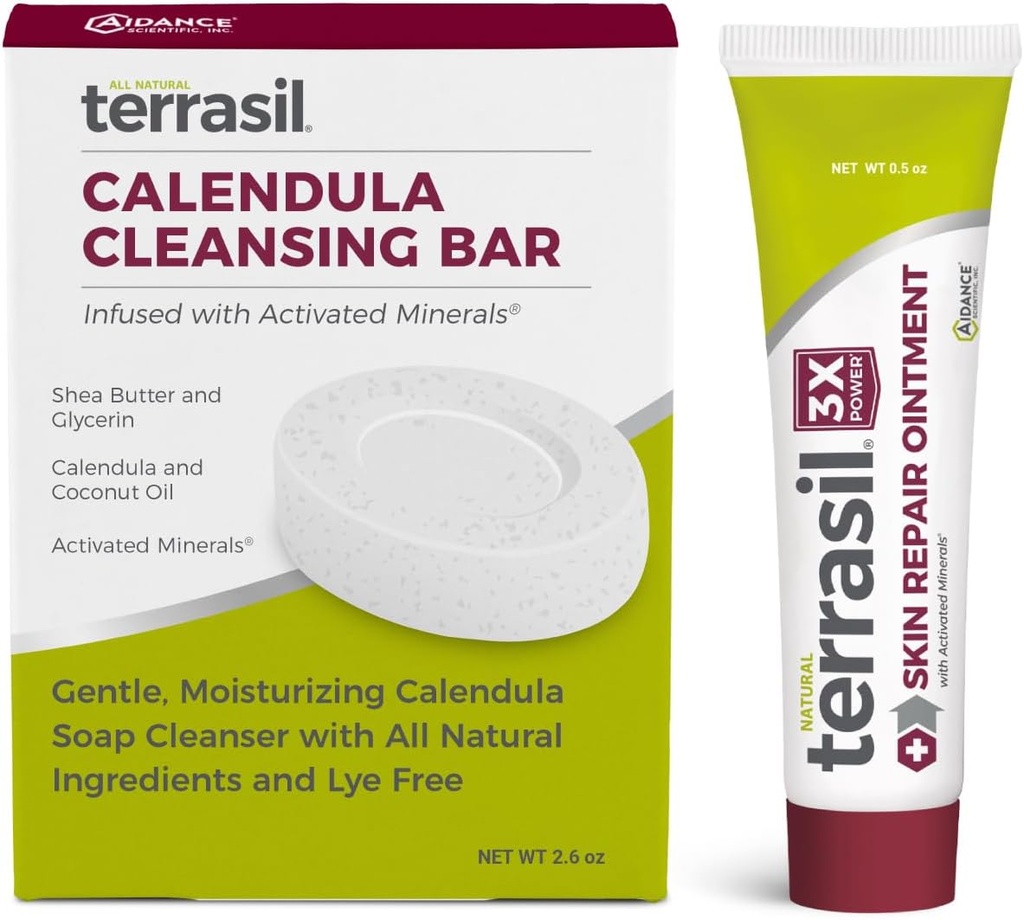 Reparo da pele terrasil & Calendula Sabonete para Queilite Angular, Foliculite, Impetigo, Esclerose Lichen, Boilas, Queratolise Pitted, Aliviamento calmante e Suporta Cura (.5oz Tubo & barra de sabão)