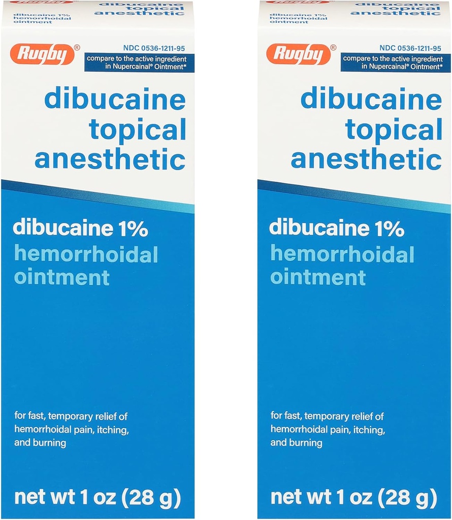 Rugby Dibucaine Topical Anesthetic 1% Hemorrhoid Ointment - Pain Relief Cream för Itching och Burning, Hemorrhoid Behandling, Anti Itch Cream 1 Oz (2 Pack)