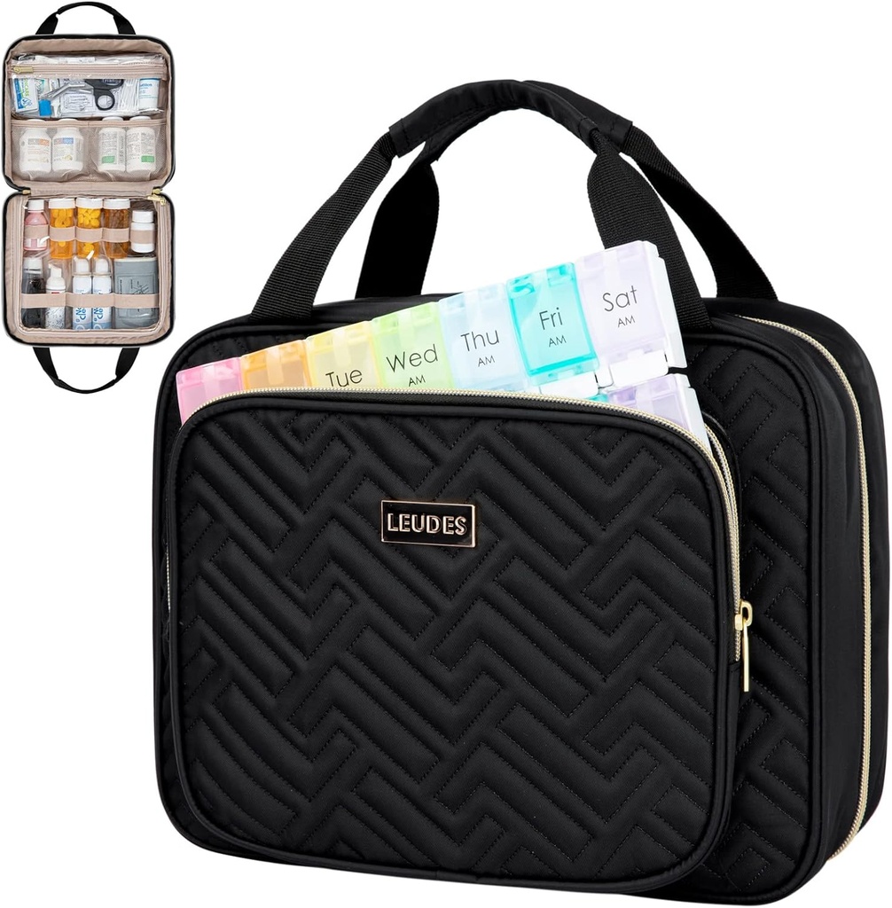 Leudes Travel Pill Flaske Organizer, Medicine Organizer og Oppbevaring,Hjemmemedisin Bag, Cases, Carrier for Pills,Vitamin,Fish Oil,Supplements for kvinner og menn (Stor, Svart)