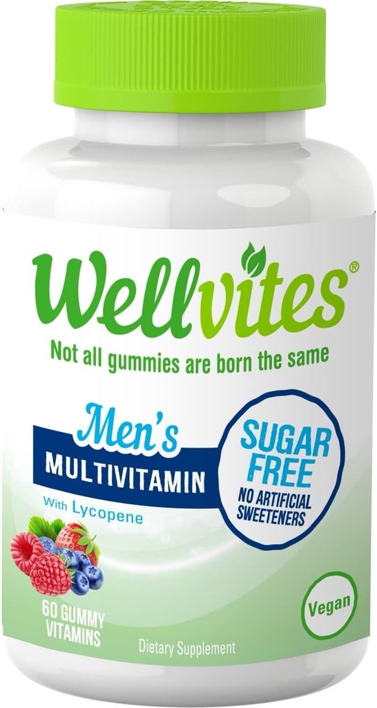 Wellvites Sugar Free Multivitamin Gummies pro muže, Vegan a non-GMO - Vitamin A, B6, a B12, Biotin a folát, Vitamíny pro muže, Žádné umělé sladkosti, gluten- Free, 60 Počet (30 Day Supply)