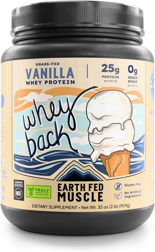 Earth Fed Muscle Whey Back Irish Grass Fed Whey Protein Isolate - NSF-certifierad. Inga konstgjorda ingredienser, sojafri, glutenfri, icke-GMO och hormonfri (2 pund, 29 portioner, Vanilla)