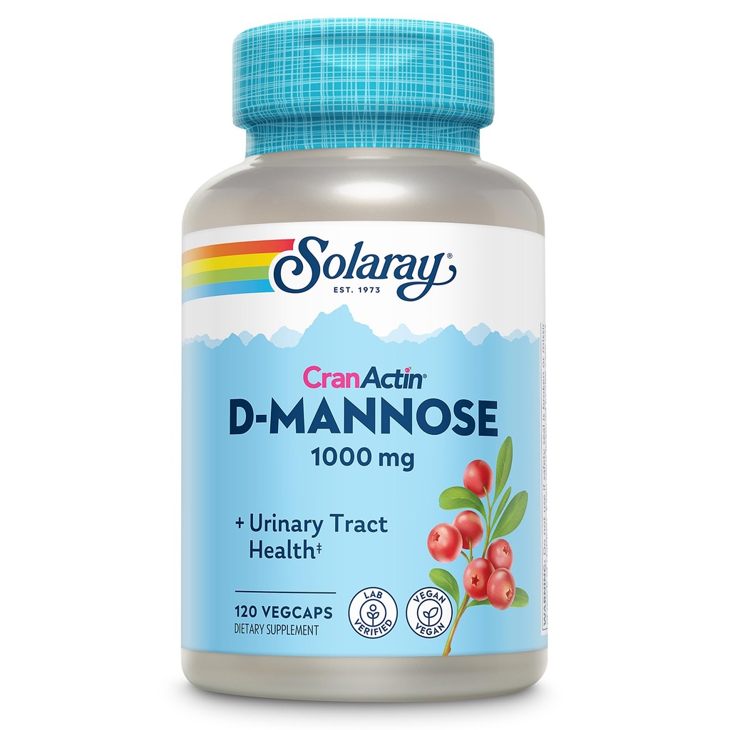 SOLARAY D-Mannose 1000mg with CranActin Cranberry Supplement 400mg, Urinary Tract Health & Bladder Support Capsules with Vitamin C, Vegan, 60 Day Guarantee, 60 Servings, 120 VegCaps (120 CT)
