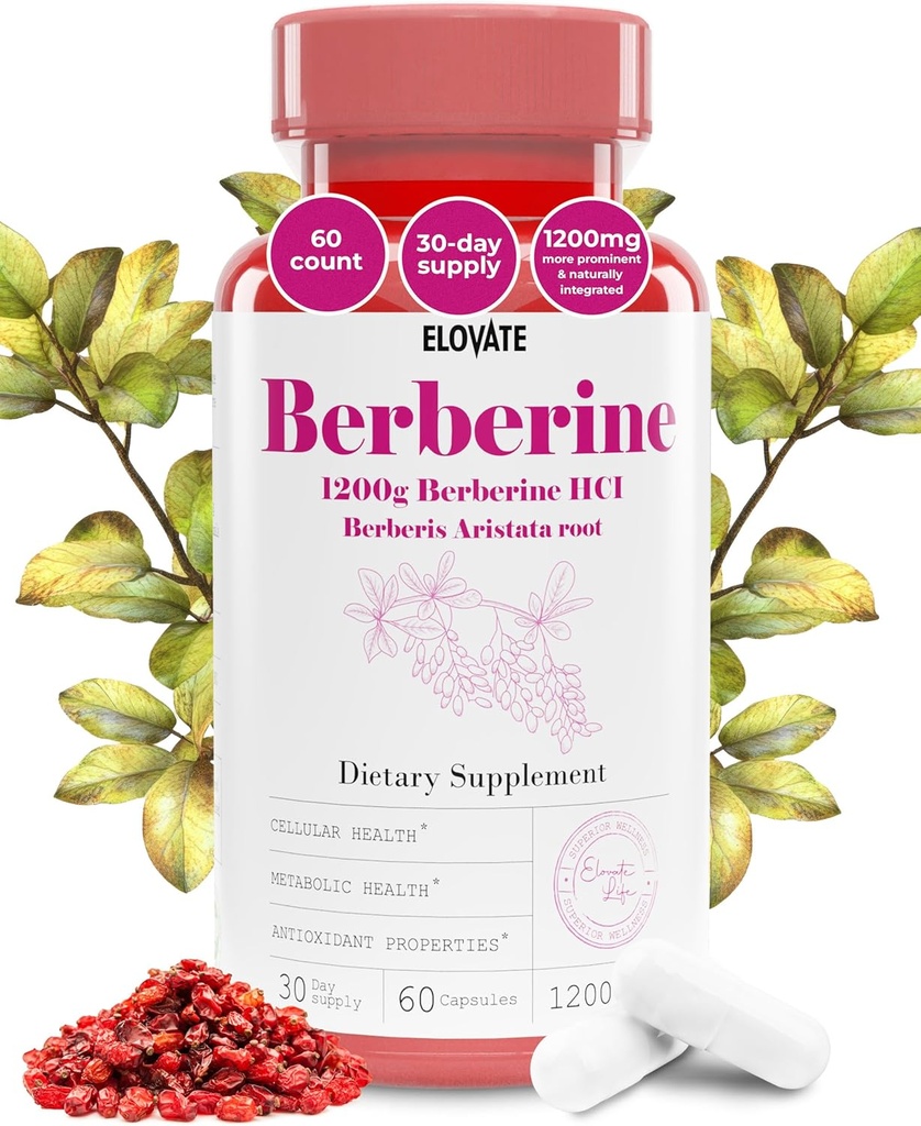 Elovate Berberine HCI капсули, 1200mg - All- Natural, 3rd- Party-Tested, Non-GMO & Gluten-Free Berberine Addition for Heart & Digestion, 60 Counts