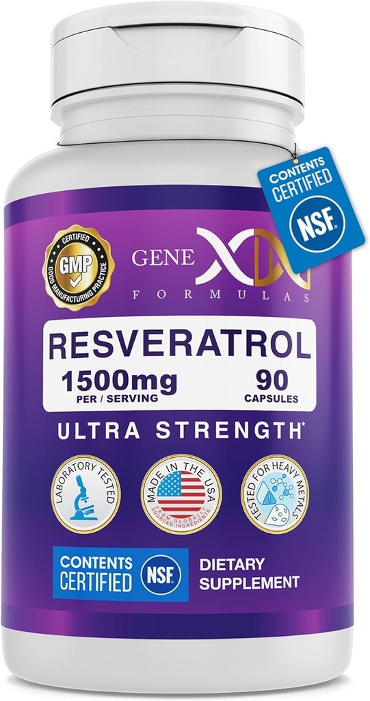 Genex Fórmulas Resveratrol 1500 mg Suplemento para el envejecimiento saludable – NSF certificado para la seguridad, la calidad y la precisión de la etiqueta – Potent Antioxidant " Healthy Aging Formula - Gluten Free 90 Count