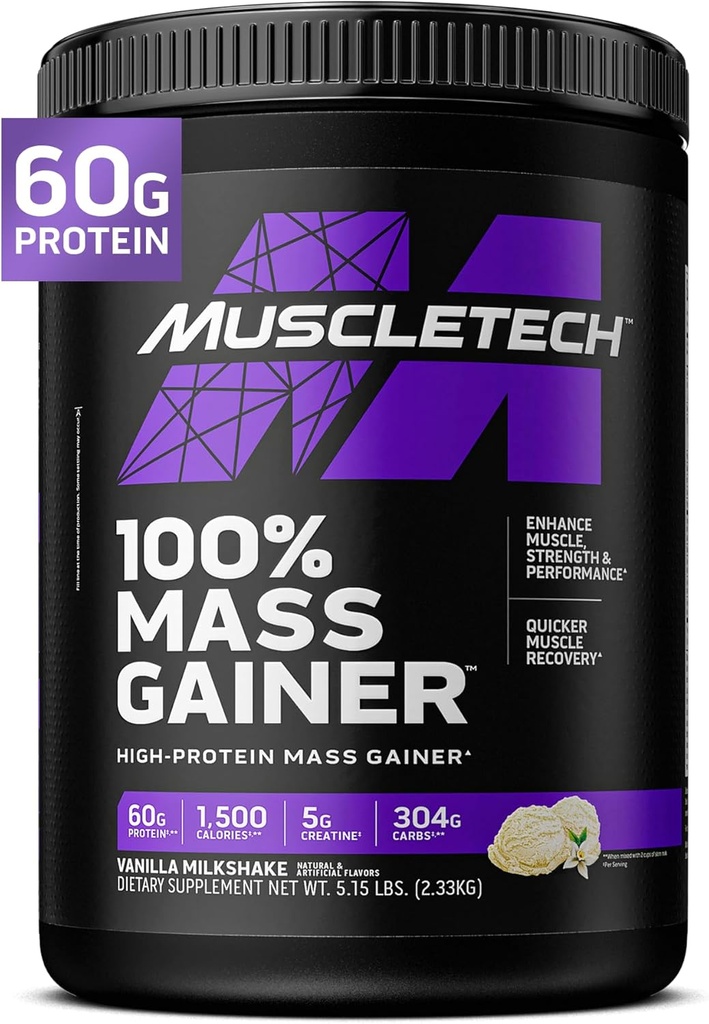 MuscleTech High Protein Mass Gainer za moške in ženske - Beljakovine v prahu Shake za pridobivanje telesne teže, Muscle Building & recovery z kreatin monohidrat - Vanilla Milkshake, 5.15 Pound