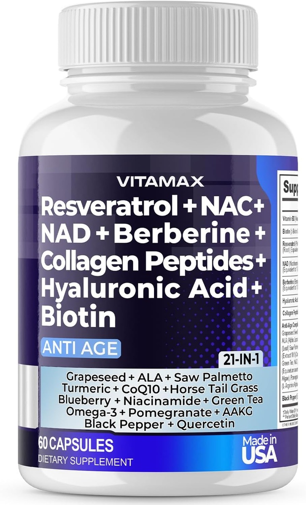 Reveratrol NAD+ 柏伯林 Hyaluronic酸 - Biotin Grape & Blueberry + NAC - Collagen Peptides - 头发,钉子,皮肤和联合补充 - 21 in-1 妇女和男子 - 在美国制造(60个计数(一包))