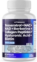 Resveratrolo NAD+ Acido Ialuronico Berberino - Biotina Grape & Blueberry + NAC - Peptidi di collagene - Capelli, Unghie, Pelle & Integratore Congiunto - 21-in-1 Donne e Uomini - Made in USA (60 Conteggio (Pack of 1)