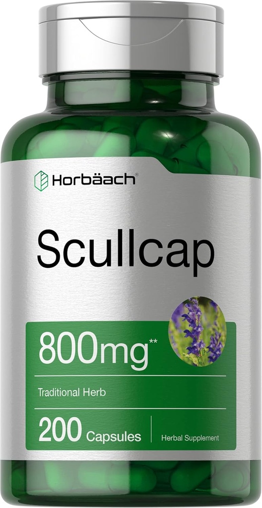 Horbäach Scullcap Capsules 800 мг 200 мг Потенції Макса, Значення не-GMO і клейковини Безкоштовна добавка Scutellaria Baicalensis