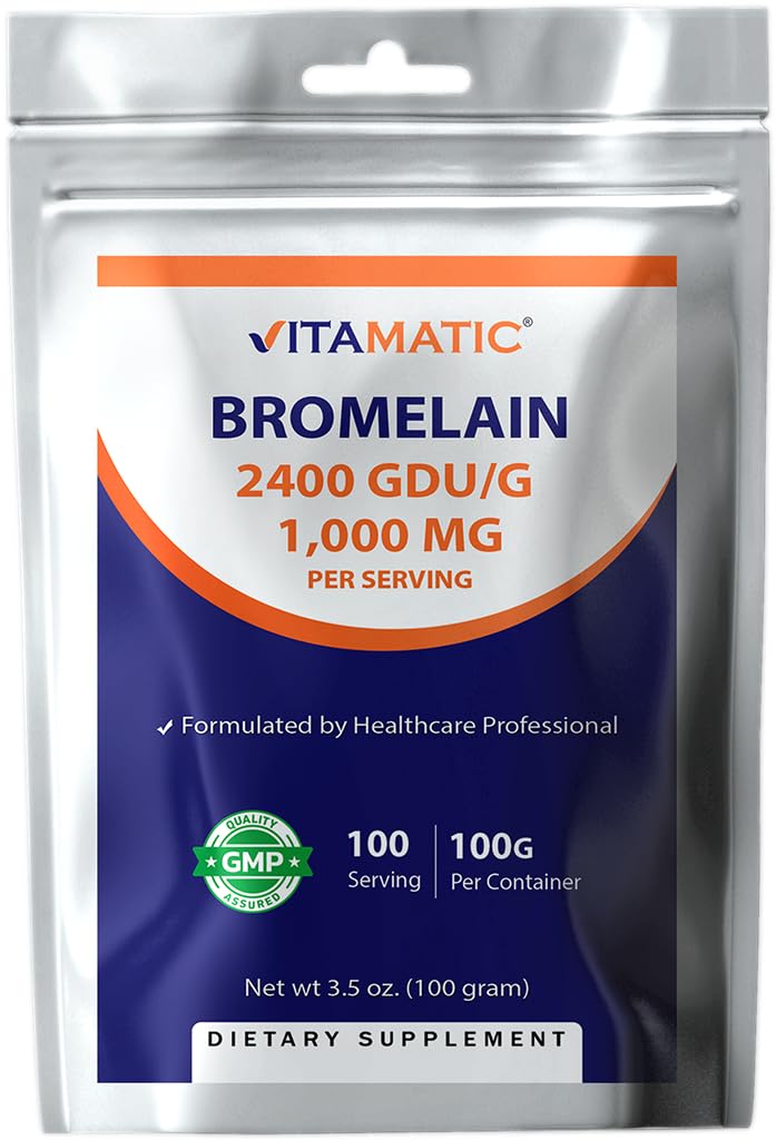 Vitamatic Bromelain Powder 1000mg per Serving - 2400 GDU/g, Proteolytic Enzymes, Supports Digestion of Proteins, 100 Grams - 100 Servings (Scoop Included)