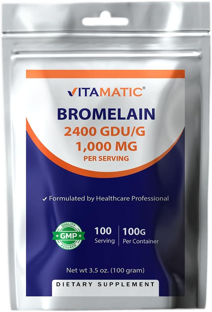 Vitamatic Bromelain Powder 1000mg per servering - 2400 GDU / g, Proteolytiske enzymer, understøtter fordøjelse af proteiner, 100 Bedste - 100 Servering (Scoop inkluderet)