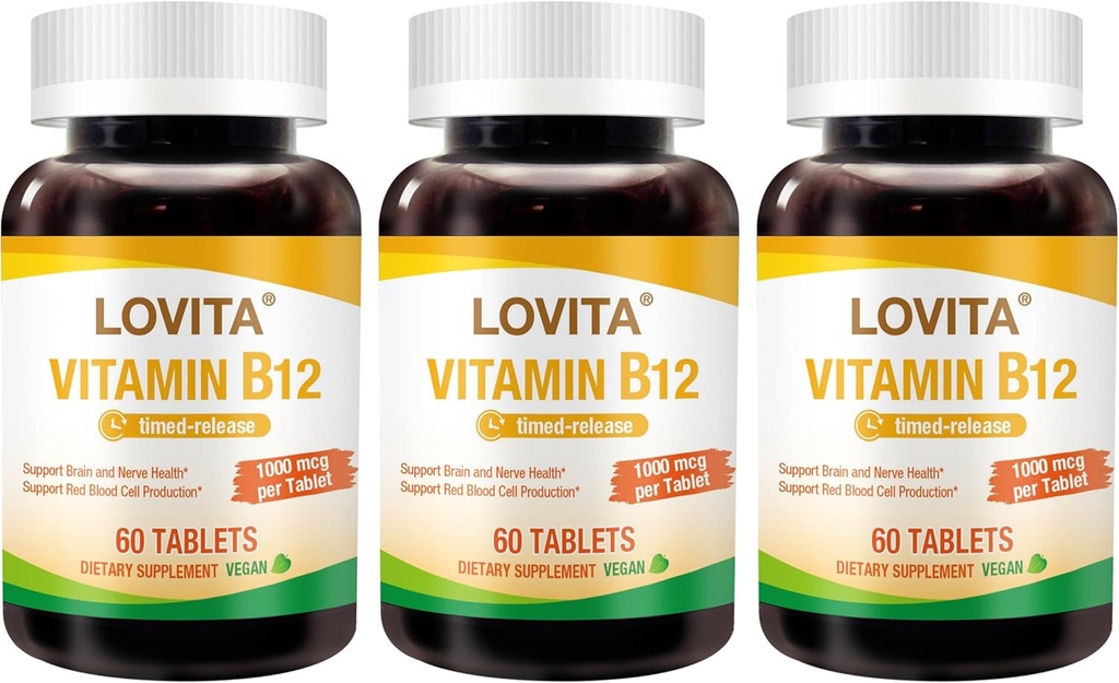 Lovita 비타민 B12 1000 mcg (cyanocobalamin로 B12 비타민), Timed Release B12, Vegan-Friendly, 지원 신경계, 60 채식 정제 (2 개월 공급) (패킹 3)