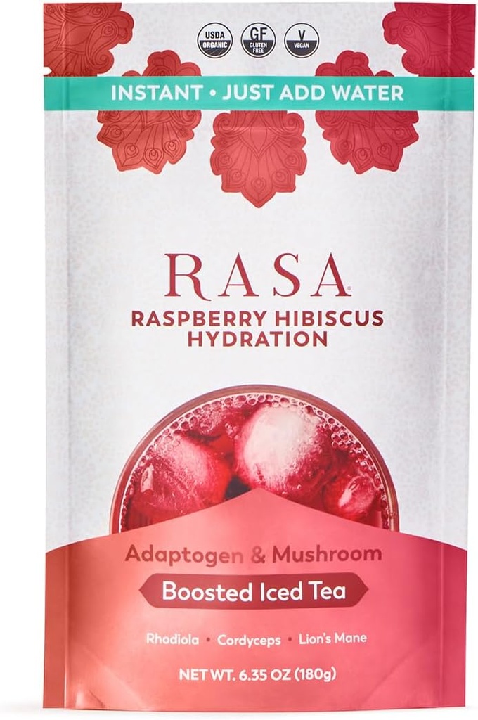 Rasa Raspberry Hibiscus Hydration Organic Boosted Iced Tea з Адаптогенами і грибами Gluten-Free, Premium Electrolyte Порошок Пити суміш, Refreshing Hydration (6 oz / 24 Сервінги)