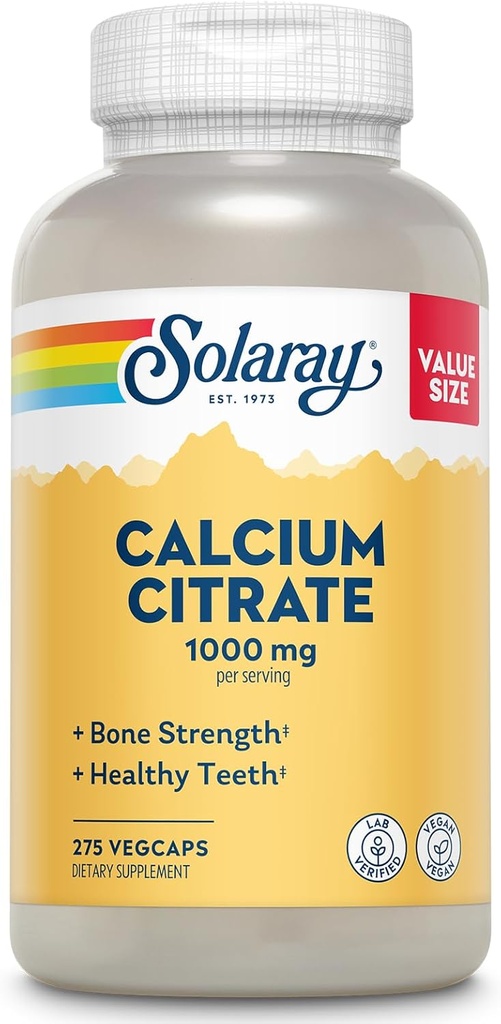 Solaray Calcium Citrate 1000mg - Chelated Calcium Supplement - Stöder benstyrka och hälsosam tänder - Lätt att gräva - 60-dagars garanti, Vegan - 68 portioner, 275 VegCaps