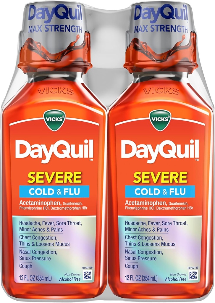Vicks DayQuil Severe Cold & Flu Liquid Medicine, Daytime Relief for Headache, Fever, Sore Throat, Minor Aches & Pains, Chest Congestion, Stuffy Nose, Nasal Congestion, Sinus Pressure, & Cough, 2x12oz