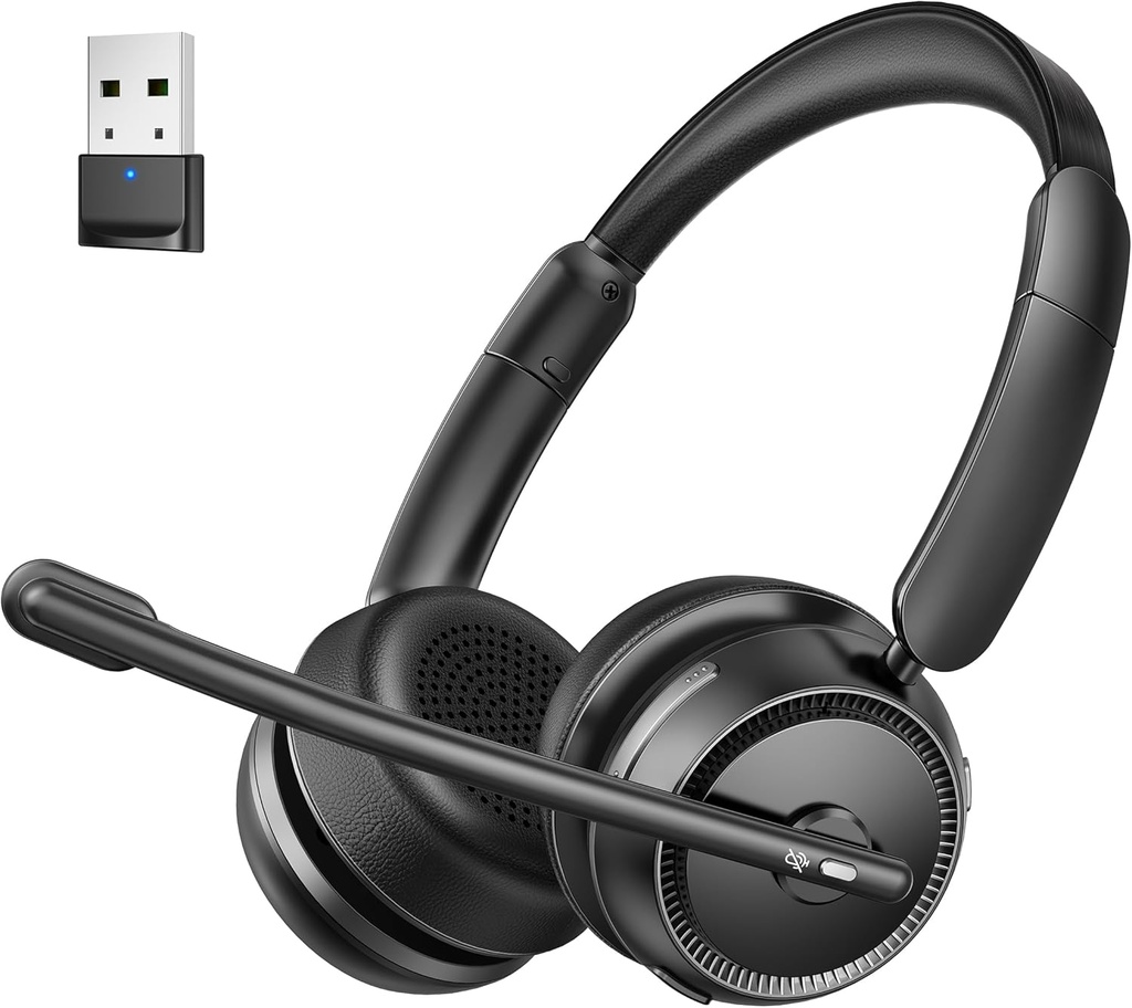 Headset Bluetooth dengan Headset AI Noise Membatalkan Mikrofon, Headphone HiFi Bluetooth, Headset Nirkabel dengan USB Dongle untuk Kantor Komputer Call Center Skype Zoom Meeting Trucker