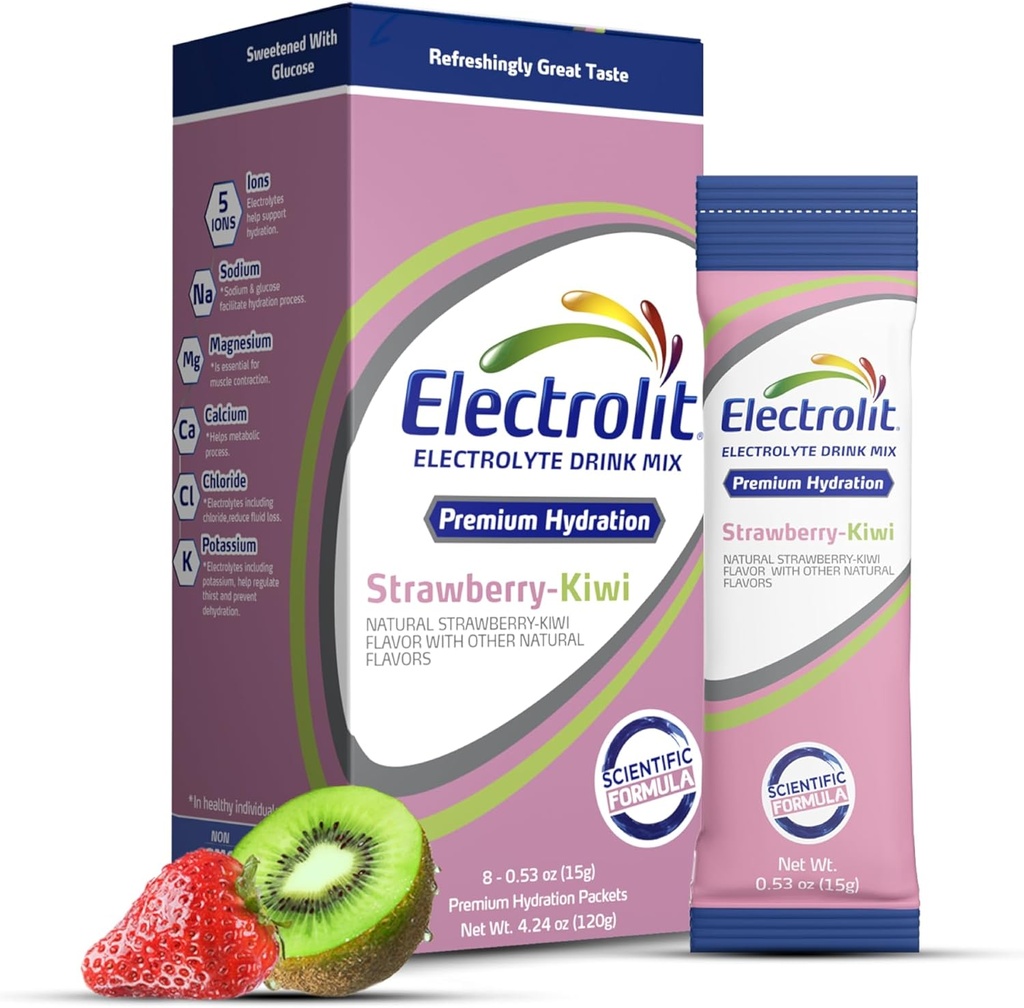 Elektrolity Pakiety proszkowe, Truskawka Kiwi 8 Pack, Pudrowane pakiety nawadniające do odwadniania i nawadniania, Post Workout Flavored Nawilżający Mix, Gluten Free Water Enhancer Sticks